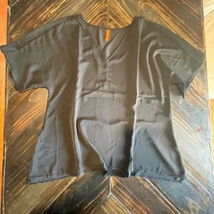 Black satin short sleeve v neck blouse